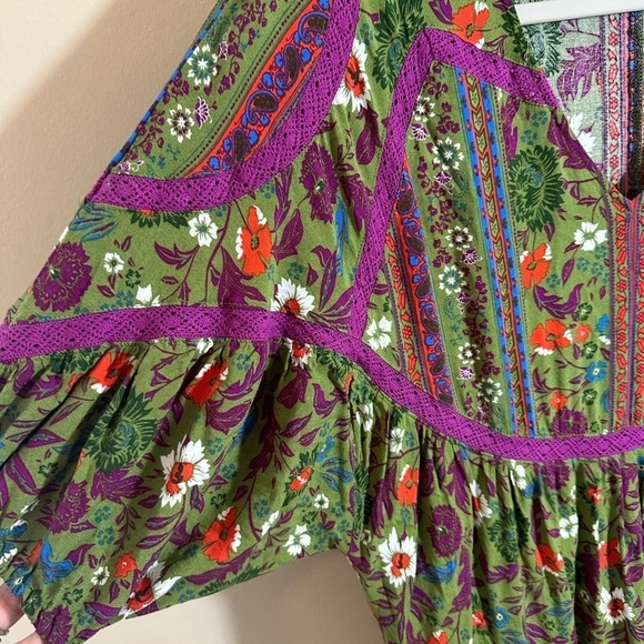 Entro Green Floral Midi Dress Lace Trim Ruffle Boho size Small - Picture 4 of 7